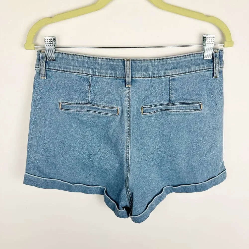 Express Blue Light Wash Denim Pleated Cuffed Jean‎ Hi-Rise Shortie Shorts Sz 8